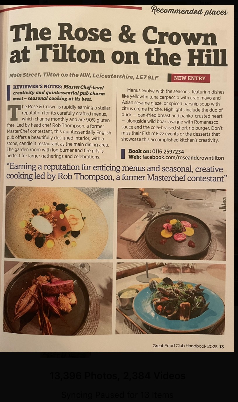 Great Food Club Handbook 2025 feature on The Rose & Crown at Tilton on the Hill