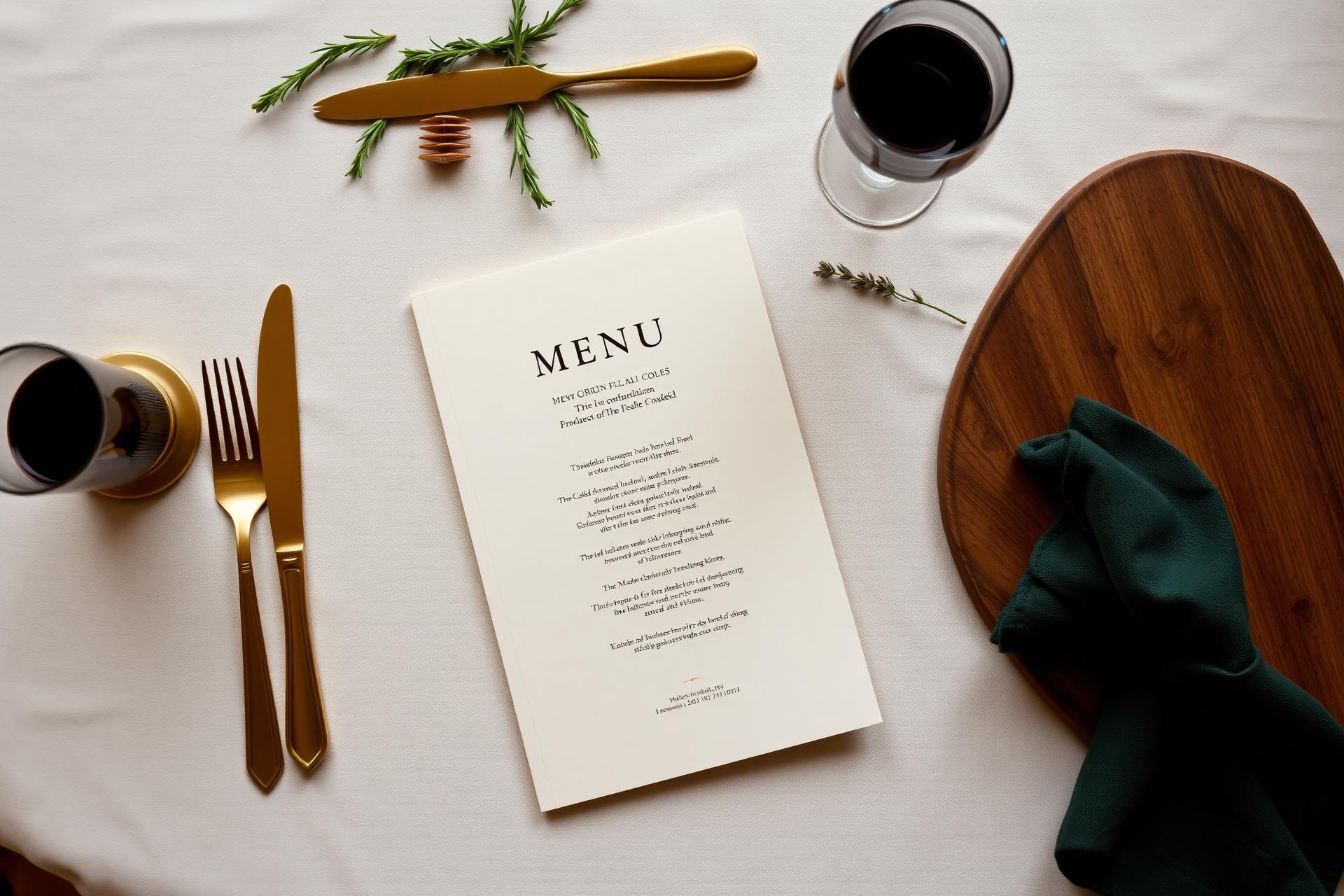 A menu card set on ivory linen with brass cutlery and rosemary