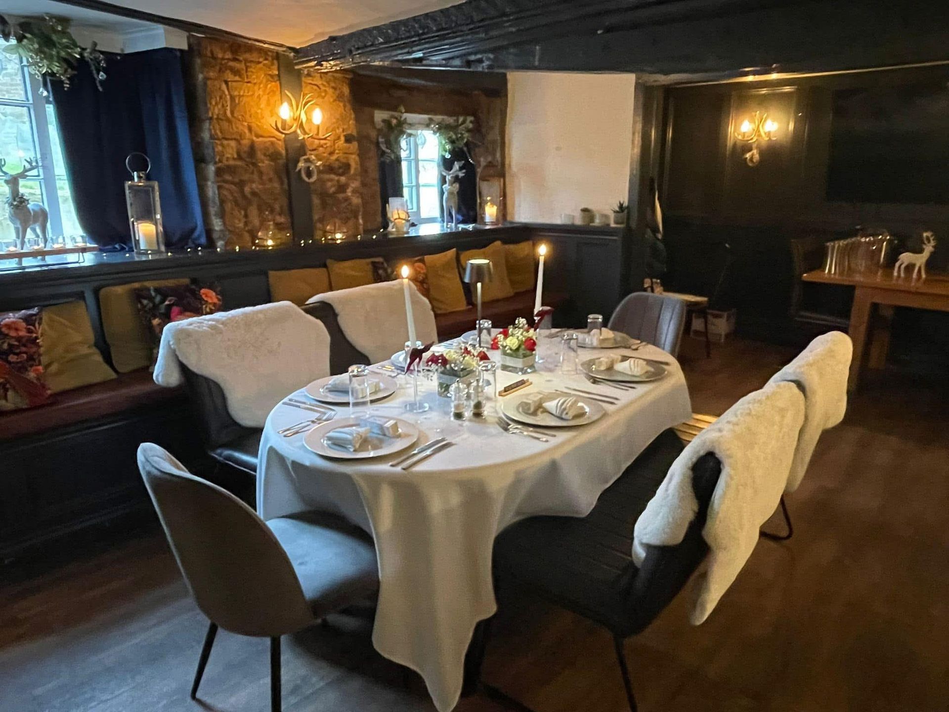 Leather banquette beneath a pheasant cushion